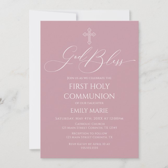 First Communion God Bless Mauve Invitation (Front)