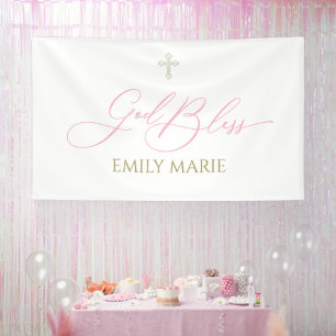 First Communion God Bless Pink  banner backdrop 