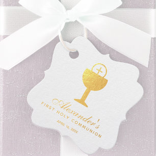 First Communion Gold Chalice Calligraphy Favour Tags
