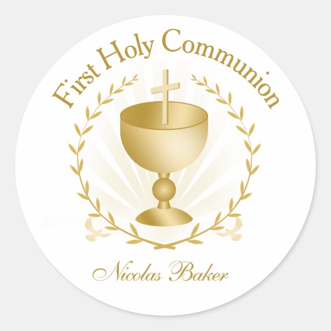 First Communion Gold Chalice Laurel Wreath Sticker (Front)