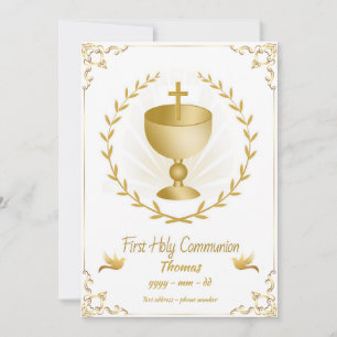 First Communion Gold Chalice with Ornate Border Invitation