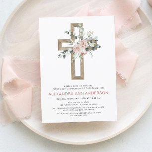 First Communion Gold Cross Blush Pink Floral