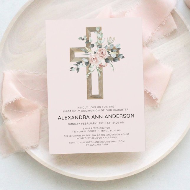 First Communion Gold Cross Blush Pink Floral  (Creator Uploaded)