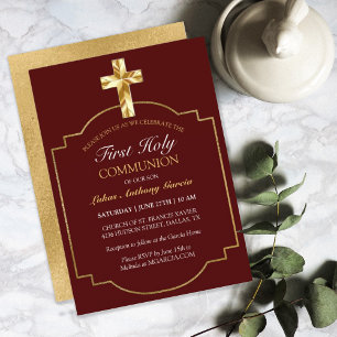 First Communion Gold Cross Burgundy Elegant Invitation