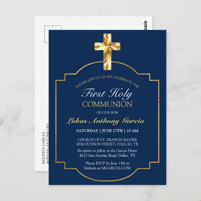 First Communion Gold Cross Burgundy Elegant Invite Postcard (Front/Back)