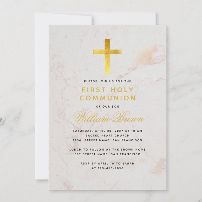 First Communion Gold Cross Marble Elegant Script Invitation (Front)