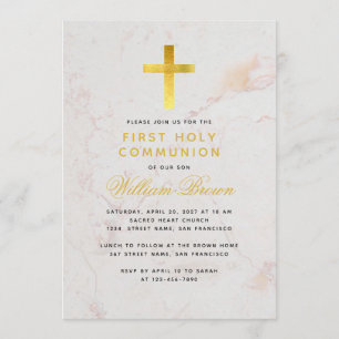 First Communion Gold Cross Marble Elegant Script Invitation