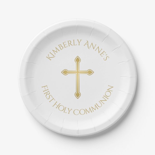 First Communion Gold Cross Monogrammed Name Paper Plate (Front)