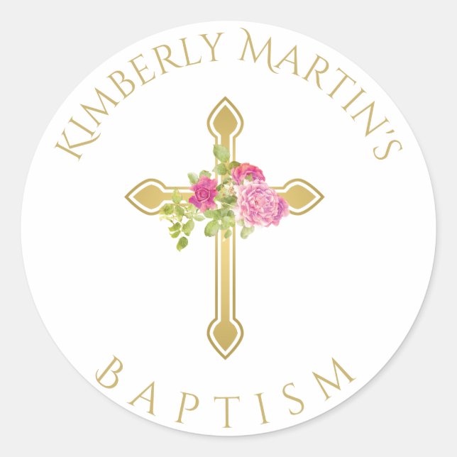 First Communion Gold Cross Pink Rose Monogrammed Classic Round Sticker (Front)