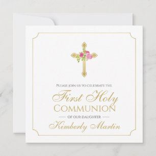 First Communion Gold Cross Pink Roses Christian Invitation