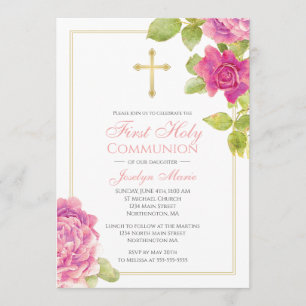 First Communion Gold Cross Pink Roses Floral Invitation