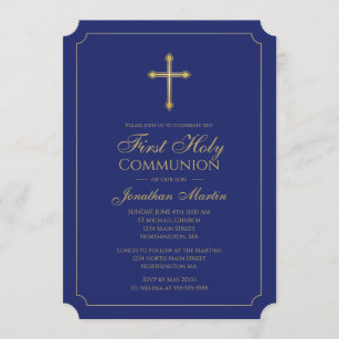First Communion Gold Cross w/ Navy Blue Christian Invitation