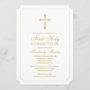 First Communion Gold Cross w/ White Christian Invitation