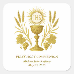 First Communion Gold Eucharist Chalice Square Sticker