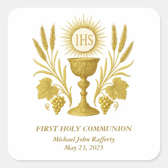 First Communion Gold Eucharist Chalice Square Sticker (Front)