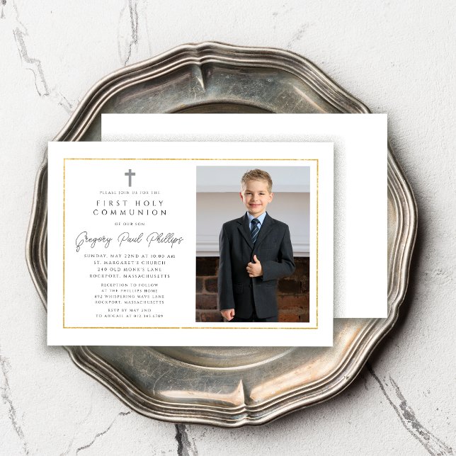 First Communion Gold Frame Minimalist Boy Photo Invitation (Creator Uploaded)