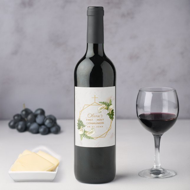 First Communion Gold Marble Calla Lilies  Floral Wine Label (Creator Uploaded)