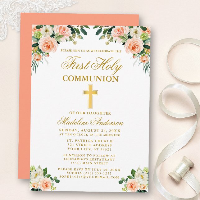First Communion Gold Watercolor Peach White Floral Invitation (Customize to change text color, style, add text & photos to back or change color of back of card.)