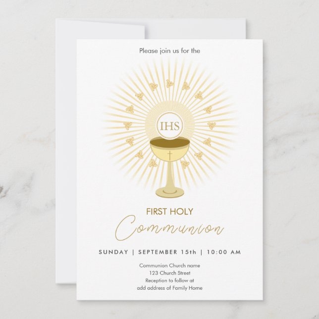 First Communion Gold with Chalice Invitation (Front)