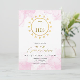 First Communion Gold with IHS lettering Invitation