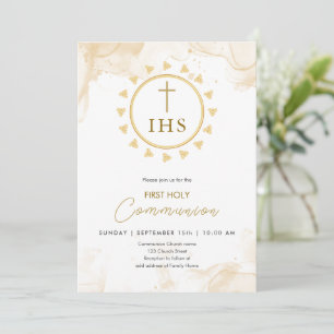 First Communion Gold with IHS lettering Invitation