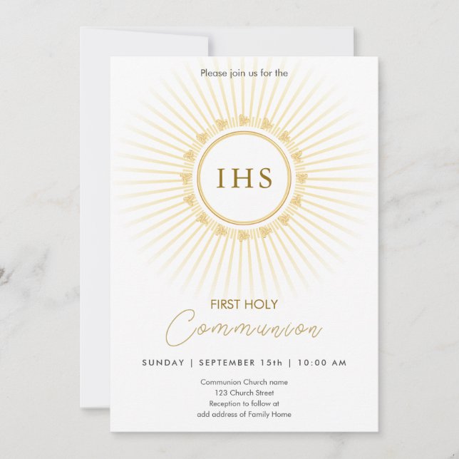 First Communion Gold with IHS lettering Invitation (Front)