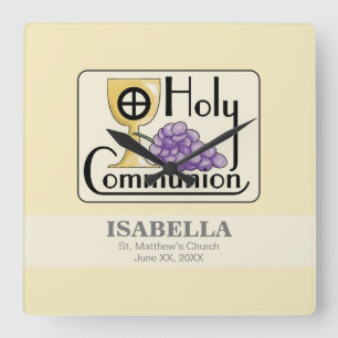 First Communion Grapes and Cup, Customisable Square Wall Clock