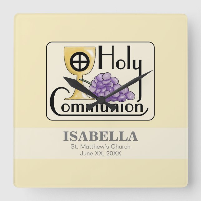 First Communion Grapes and Cup, Customisable Square Wall Clock (Front)