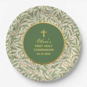 First Communion Green Faux Gold Greenery Foliage Paper Plate