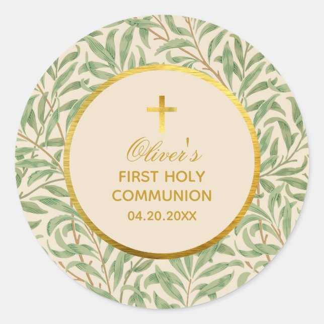 First Communion Green Leaves Morris Faux Gold Foil Classic Round Sticker (Front)