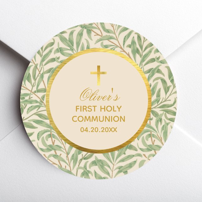 First Communion Green Leaves Morris Faux Gold Foil Classic Round Sticker (Creator Uploaded)