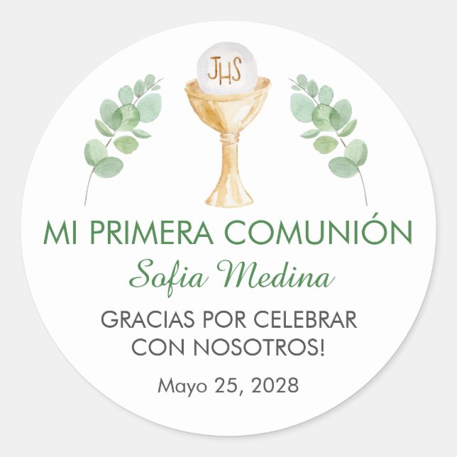First Communion Green Leaves Primera Comunion  Classic Round Sticker (Front)