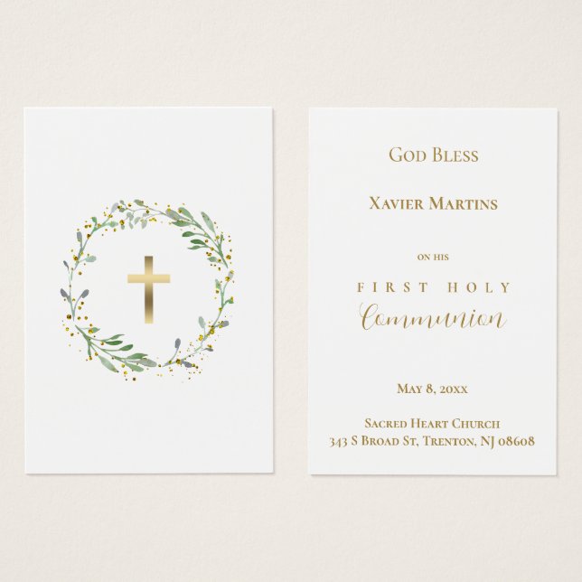 First Communion green wreath remembrance card (Front & Back)