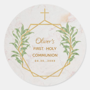 First Communion Greenery Botanical Geometric Gold  Classic Round Sticker
