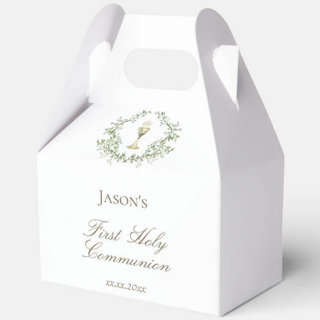 First Communion greenery crest chalice Favour Box (Front)
