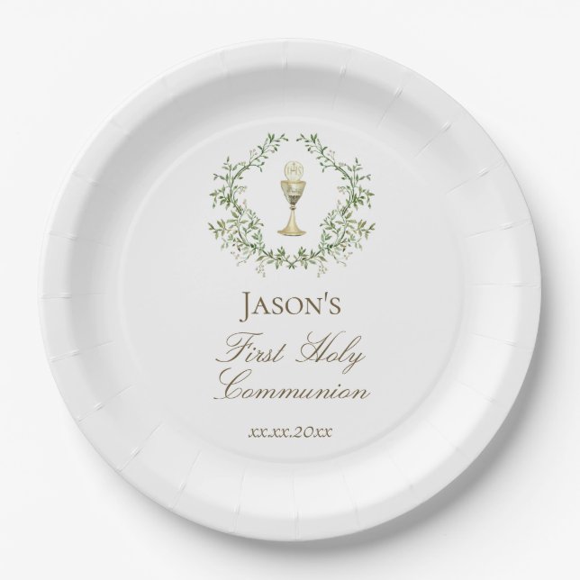 First Communion greenery crest chalice Paper Plate (Front)
