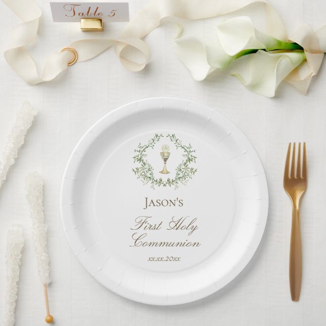 First Communion greenery crest chalice Paper Plate (Wedding)