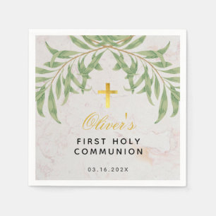 First Communion Greenery Foliage Marble Gold Cross Napkin