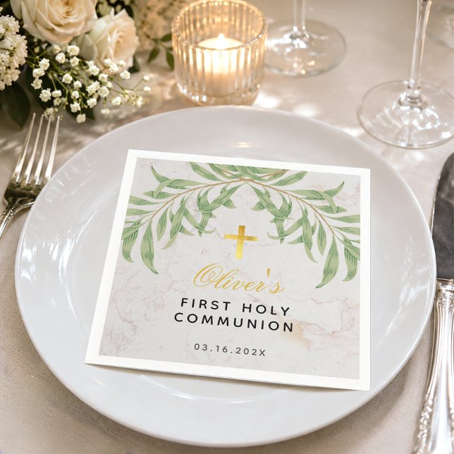 First Communion Greenery Foliage Marble Gold Cross Napkin (Creator Uploaded)