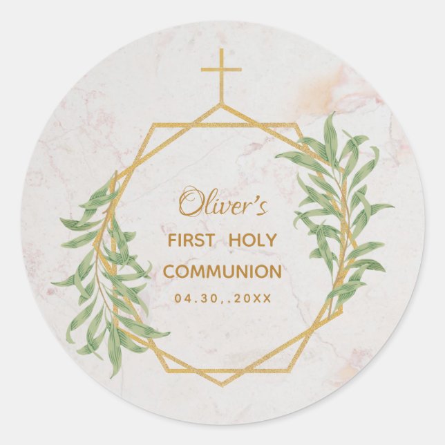 First Communion Greenery Gold Botanical Geometric Classic Round Sticker (Front)