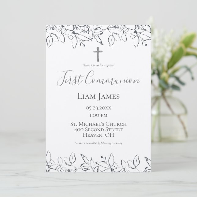 First Communion Hand Drawn Cross Invitation (Standing Front)