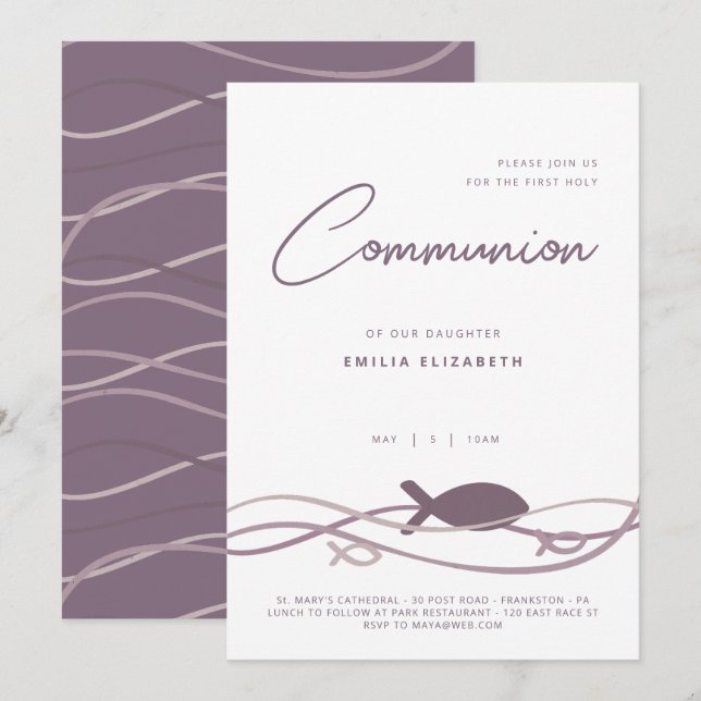 First Communion - Ichthys Fish Purple Modern Invitation (Front/Back)
