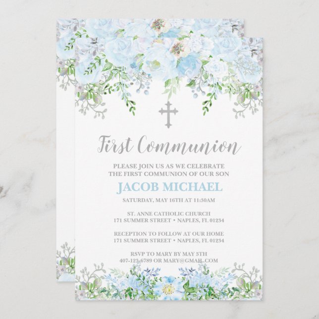 First Communion Invitation, Baptism, Christening Invitation (Front/Back)