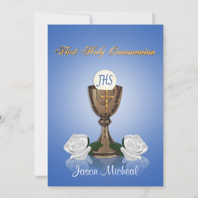 First communion invitation Chalice on blue (Front)