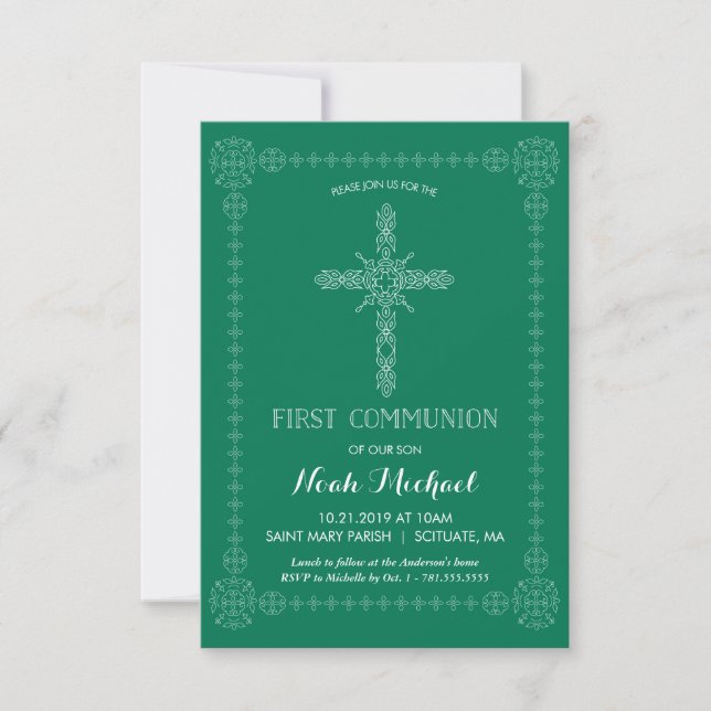 First Communion Invitation, Green w/ Elegant Cross Invitation (Front)