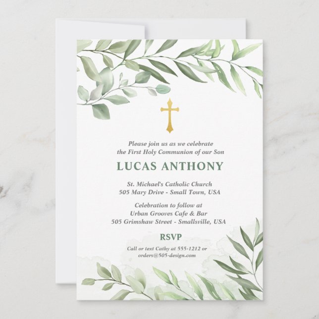 First Communion Invitation in Green Eucalyptus (Front)
