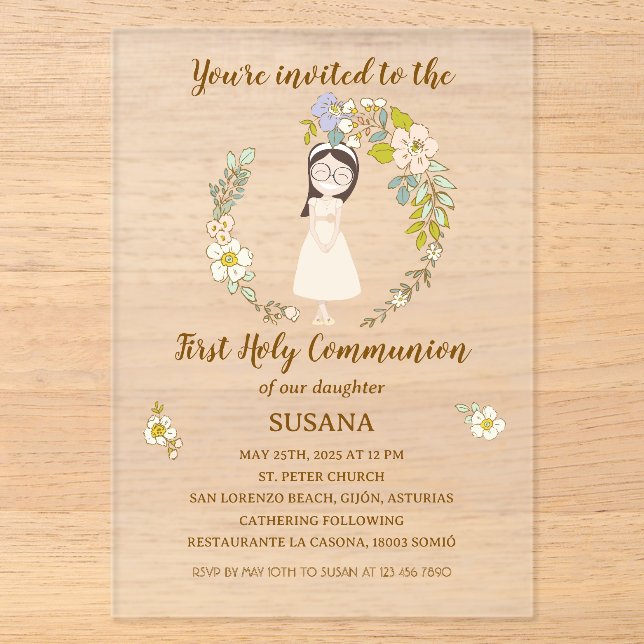 First Communion invitation on SUSANA acrylic (Front)