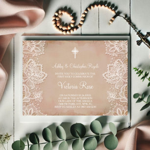 First Communion Invitation Pink Vintage