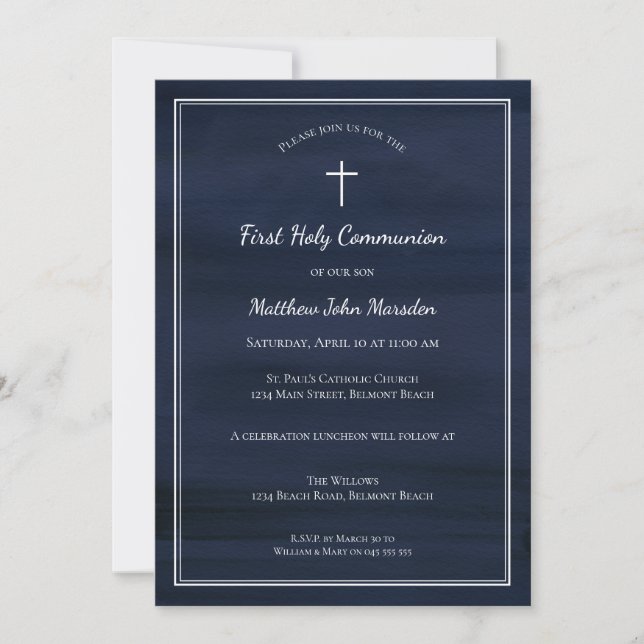 First Communion Invitations |Navy Watercolor Wash (Front)
