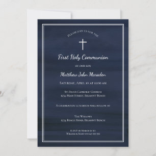 First Communion Invitations  Navy Watercolor Wash